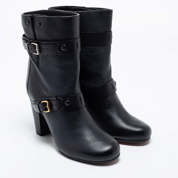 مملوكة مسبقًا Chloe Black Leather Mid-Calf Buckle Boots Size 39