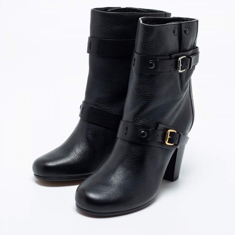 مملوكة مسبقًا Chloe Black Leather Mid-Calf Buckle Boots Size 39