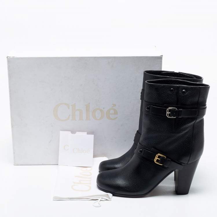 مملوكة مسبقًا Chloe Black Leather Mid-Calf Buckle Boots Size 39