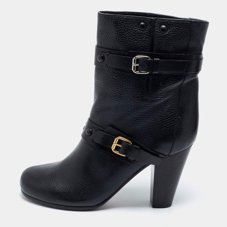 مملوكة مسبقًا Chloe Black Leather Mid-Calf Buckle Boots Size 39