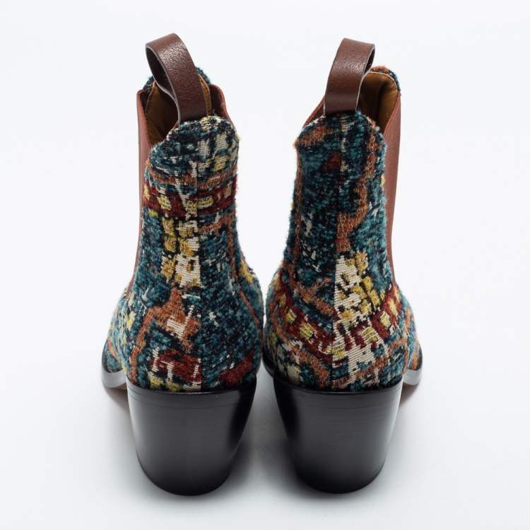 Pre Owned Chloe Multicolor Tweed Chelsea Ankle Length Boots Size 38