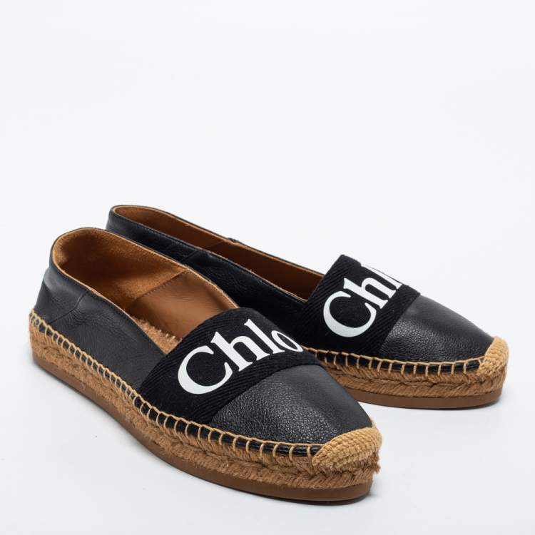 Pre Owned Chloe Black Leather and Logo Canvas Woody Espadrille Flats Size 39