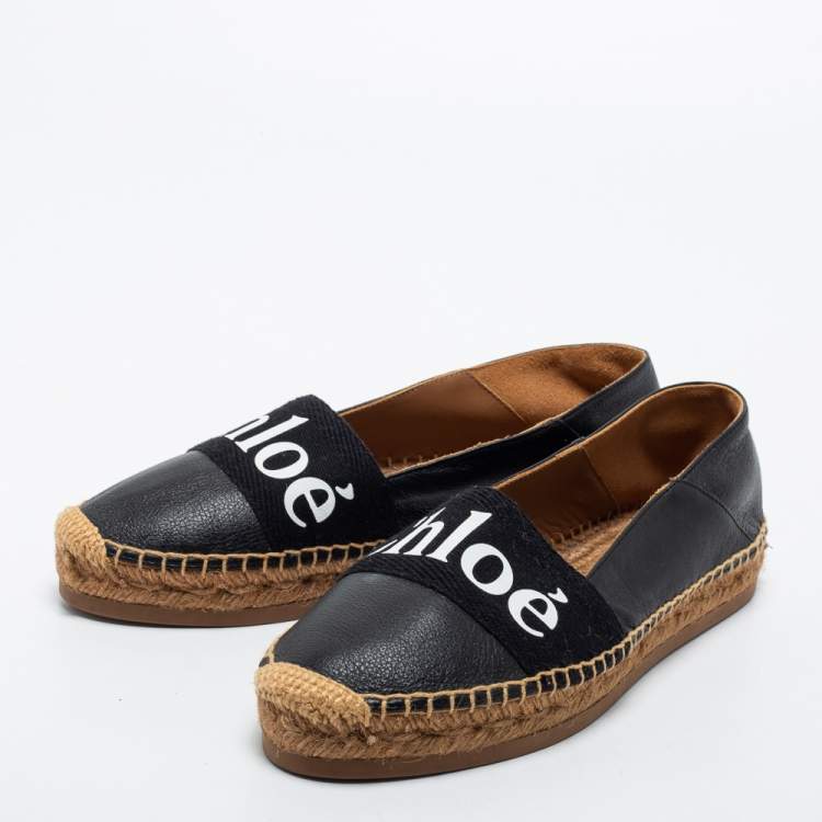 Chloe Black Leather and Logo Canvas Woody Espadrille Flats Size 39
