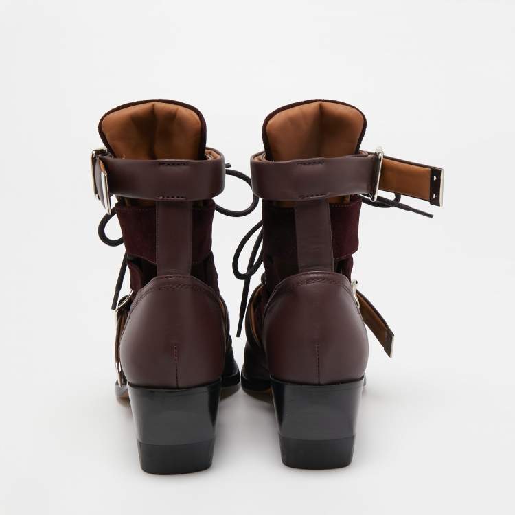 مملوكة مسبقًا Chloe Burgundy Leather and Suede Rylee Ankle Boots Size 36.5