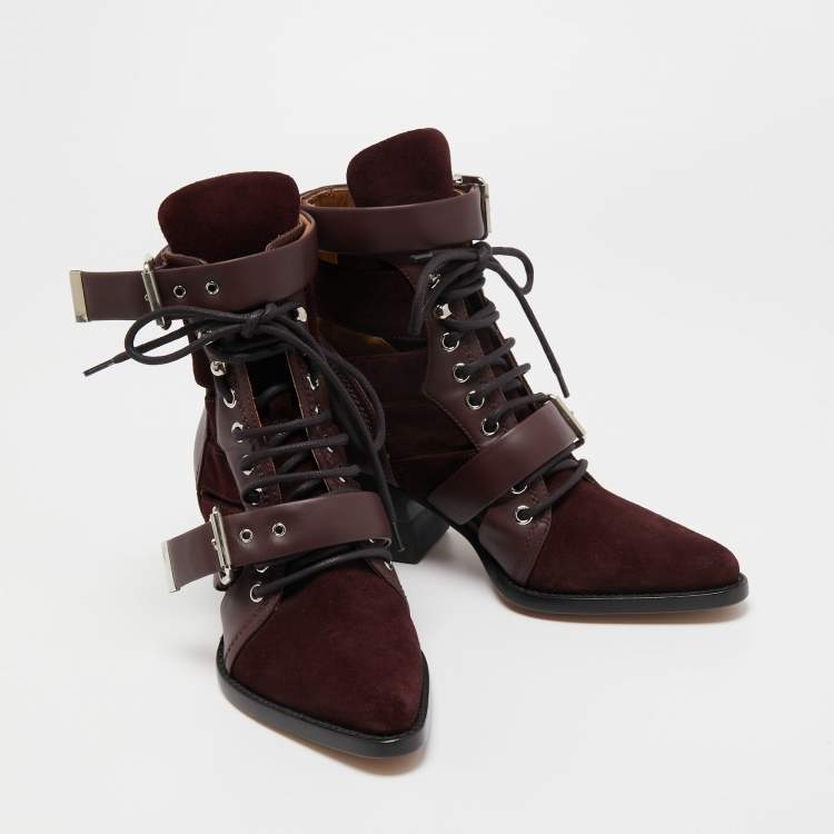 مملوكة مسبقًا Chloe Burgundy Leather and Suede Rylee Ankle Boots Size 36.5