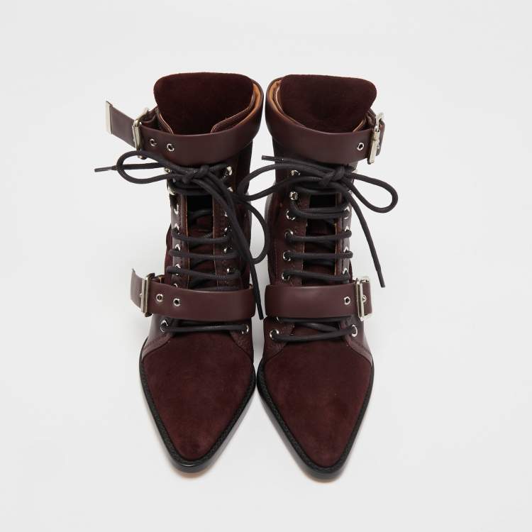مملوكة مسبقًا Chloe Burgundy Leather and Suede Rylee Ankle Boots Size 36.5