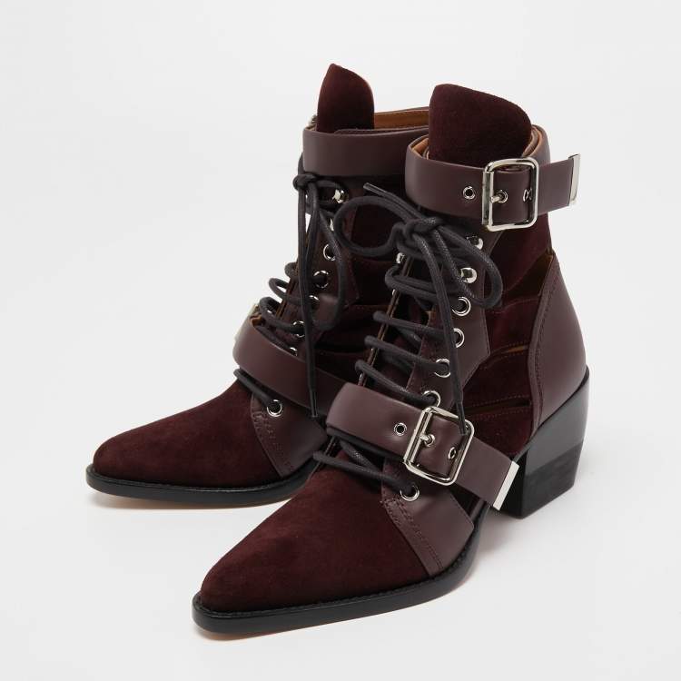 مملوكة مسبقًا Chloe Burgundy Leather and Suede Rylee Ankle Boots Size 36.5