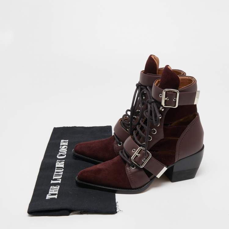 مملوكة مسبقًا Chloe Burgundy Leather and Suede Rylee Ankle Boots Size 36.5