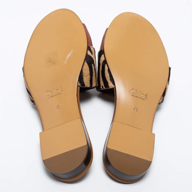 Pre Owned Chloe Tricolor Leather and Animal Print Calf Hair Flat Slides Size 42