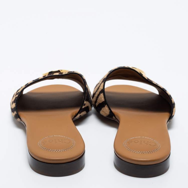 Pre Owned Chloe Tricolor Leather and Animal Print Calf Hair Flat Slides Size 42