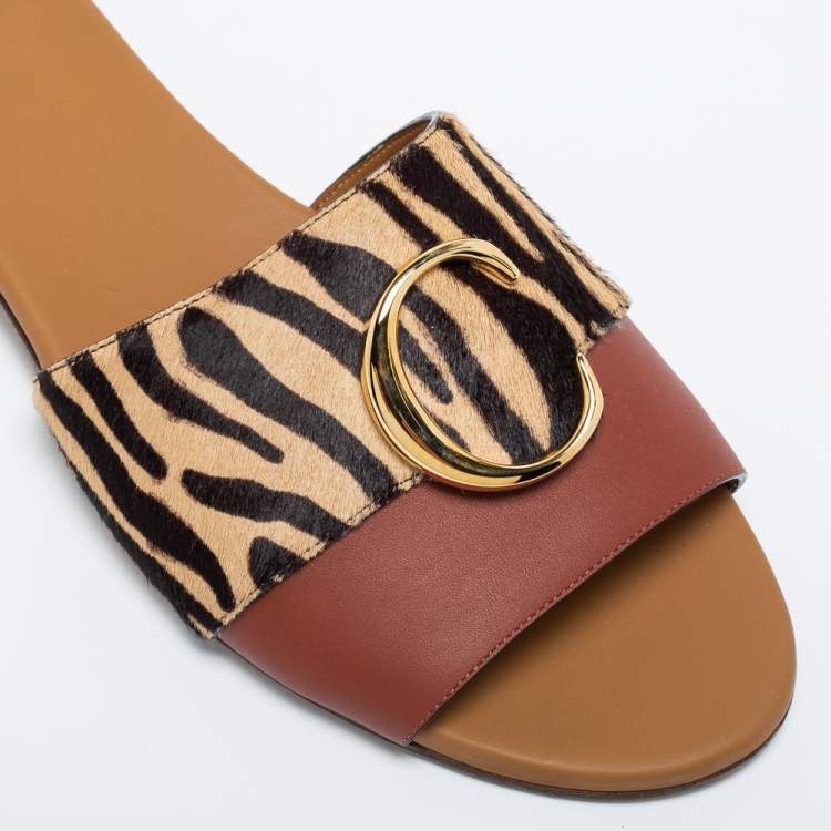 Pre Owned Chloe Tricolor Leather and Animal Print Calf Hair Flat Slides Size 42