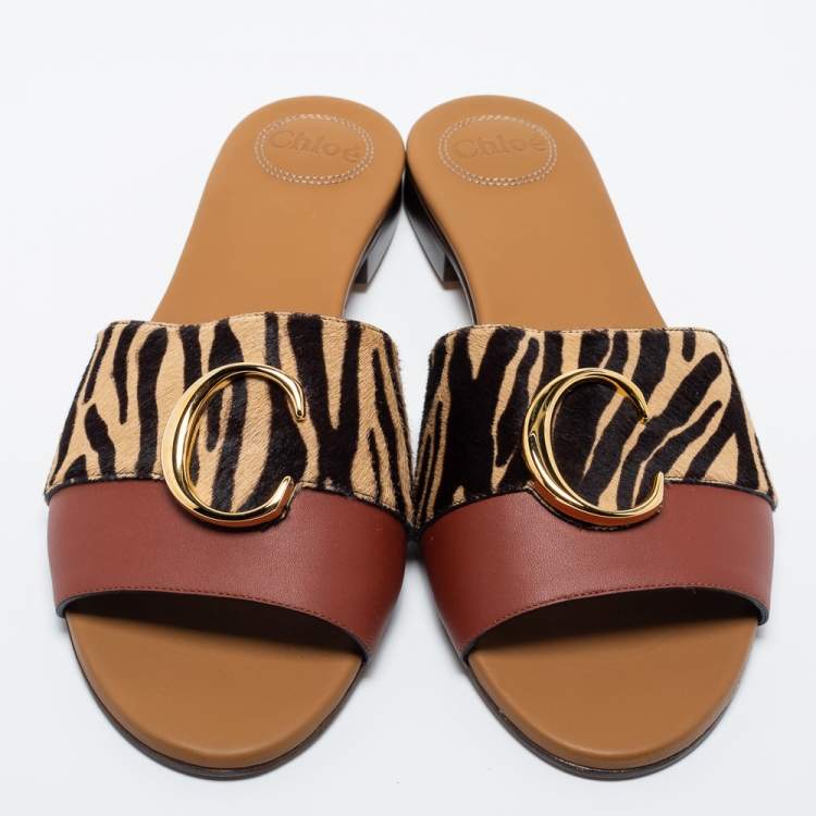 Pre Owned Chloe Tricolor Leather and Animal Print Calf Hair Flat Slides Size 42