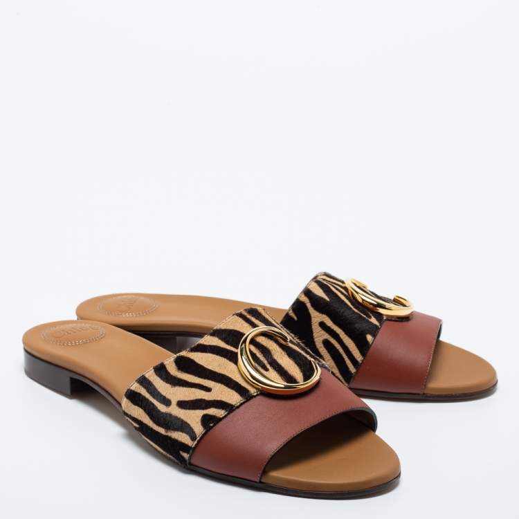 Pre Owned Chloe Tricolor Leather and Animal Print Calf Hair Flat Slides Size 42
