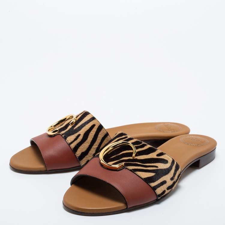 Pre Owned Chloe Tricolor Leather and Animal Print Calf Hair Flat Slides Size 42