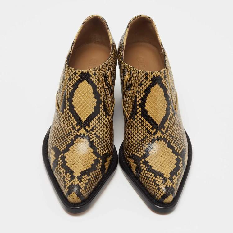 Pre Owned Chloe Yellow/Black Python Embossed Leather Rylee Ankle Boots Size 37
