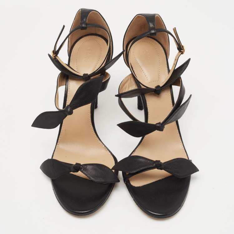 Pre Owned Chloe Black Leather Three Bow Mike Ankle Strap Sandals Size 39.5