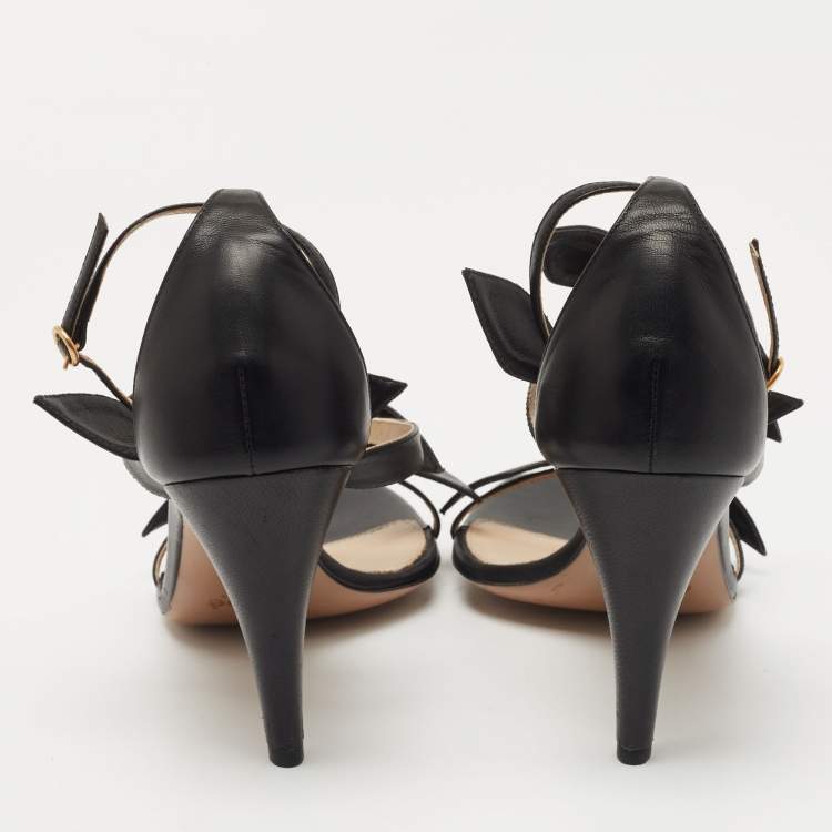 Pre Owned Chloe Black Leather Three Bow Mike Ankle Strap Sandals Size 39.5