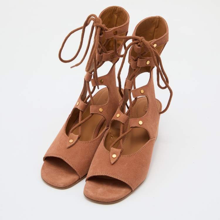 Pre Owned Chloe Brown Suede Caged Tie Up Ghillie Wedge Sandals Size 36