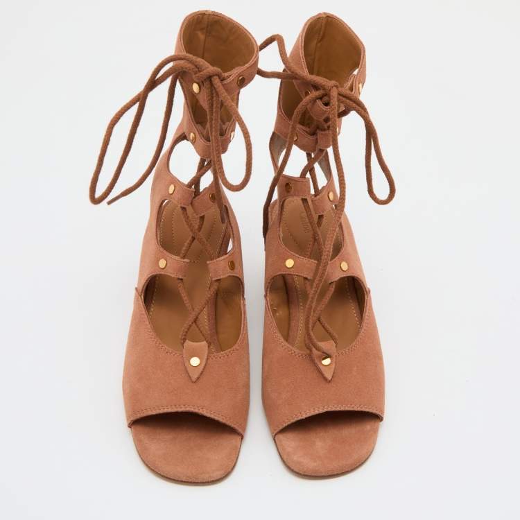 Pre Owned Chloe Brown Suede Caged Tie Up Ghillie Wedge Sandals Size 36