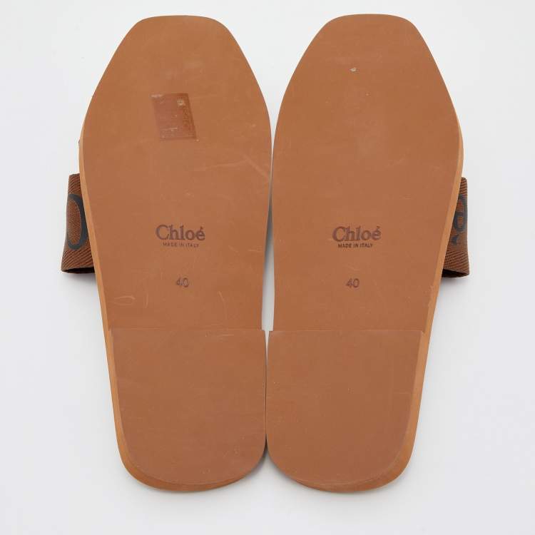 Pre Owned Chloe Brown Canvas Logo Ribbon Woody Flat Slides Size 40