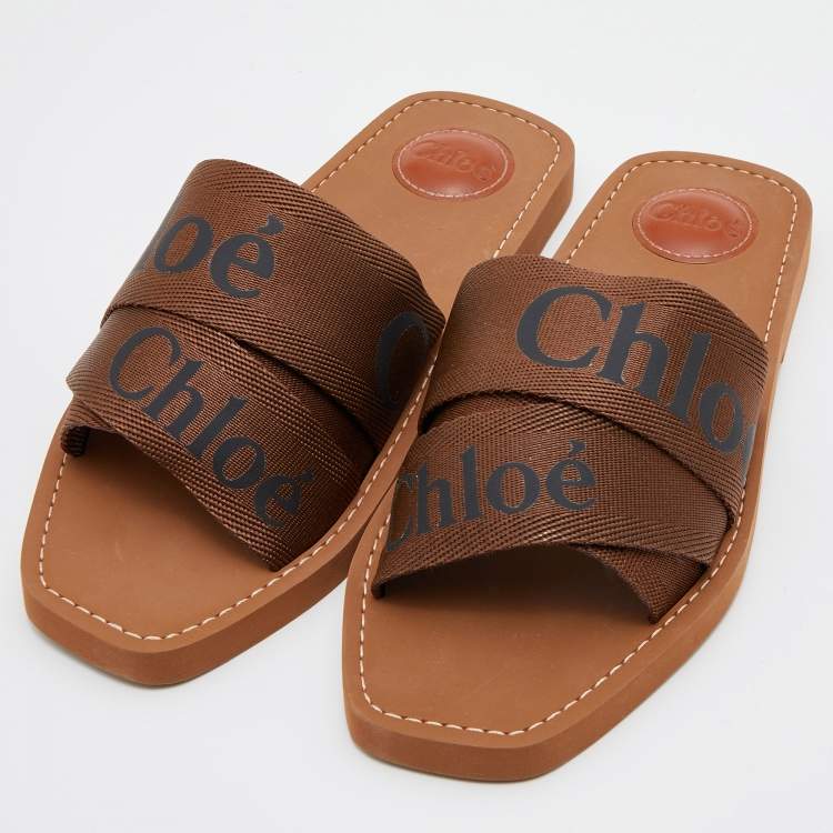 Pre Owned Chloe Brown Canvas Logo Ribbon Woody Flat Slides Size 40