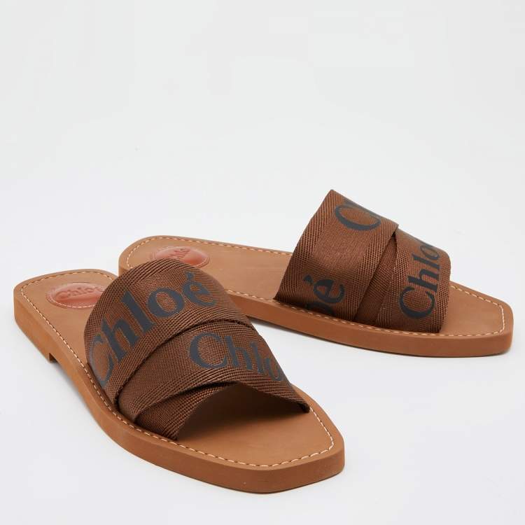 Pre Owned Chloe Brown Canvas Logo Ribbon Woody Flat Slides Size 40