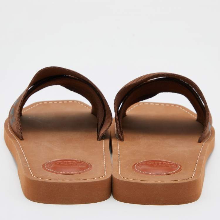 Pre Owned Chloe Brown Canvas Logo Ribbon Woody Flat Slides Size 40