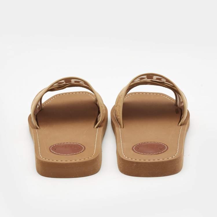 Pre Owned Chloe Beige Lace Woody Flat Slides Size 38
