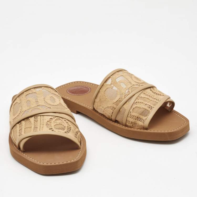Pre Owned Chloe Beige Lace Woody Flat Slides Size 38