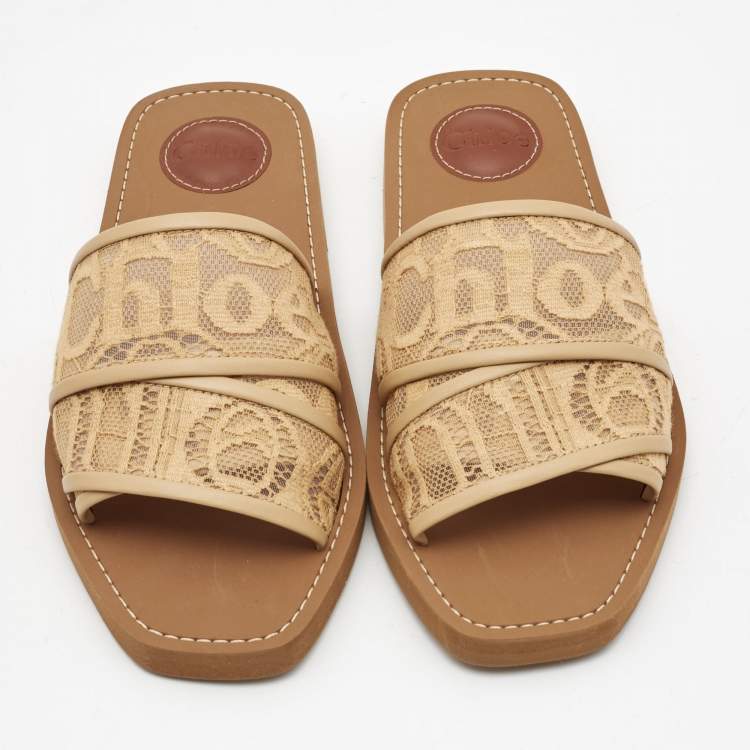 Pre Owned Chloe Beige Lace Woody Flat Slides Size 38