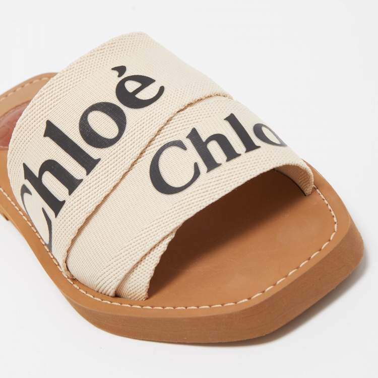 Pre Owned Chloe Off White Logo Print Canvas Woody Flat Slides Size 38