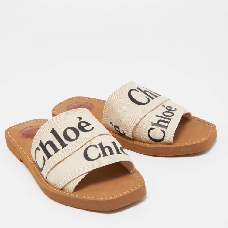 Pre Owned Chloe Off White Logo Print Canvas Woody Flat Slides Size 38