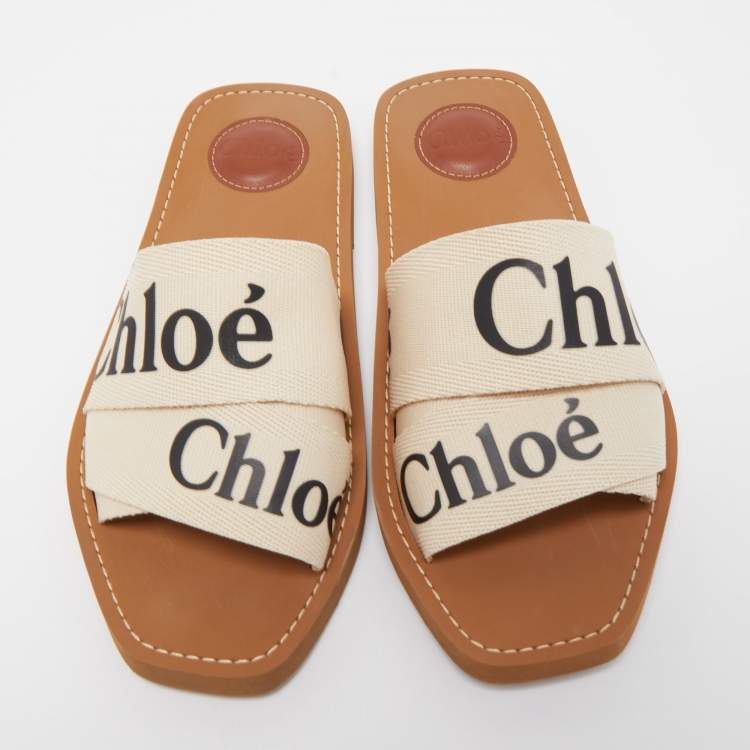 Pre Owned Chloe Off White Logo Print Canvas Woody Flat Slides Size 38