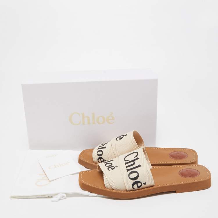 Pre Owned Chloe Off White Logo Print Canvas Woody Flat Slides Size 38