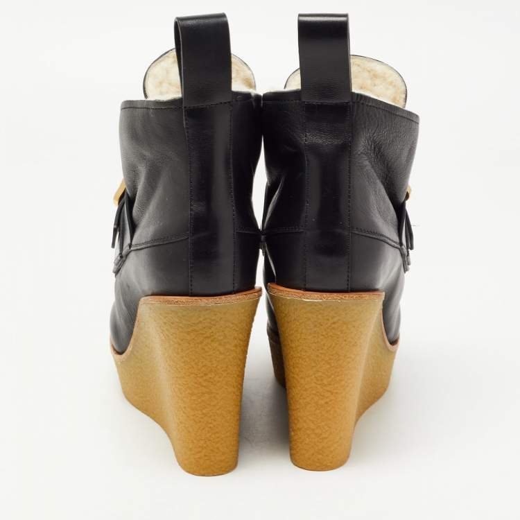 Pre Owned Chloe Black Leather Wedge Ankle Boots Size 36