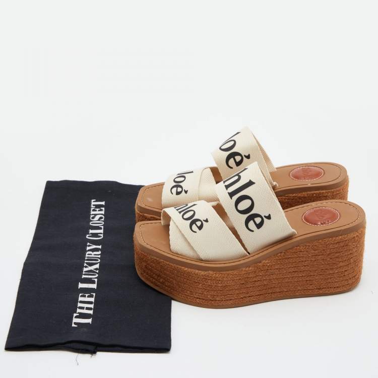 Pre Owned Chloe Beige Logo Print Canvas Woody Wedge Slide Sandals Size 35