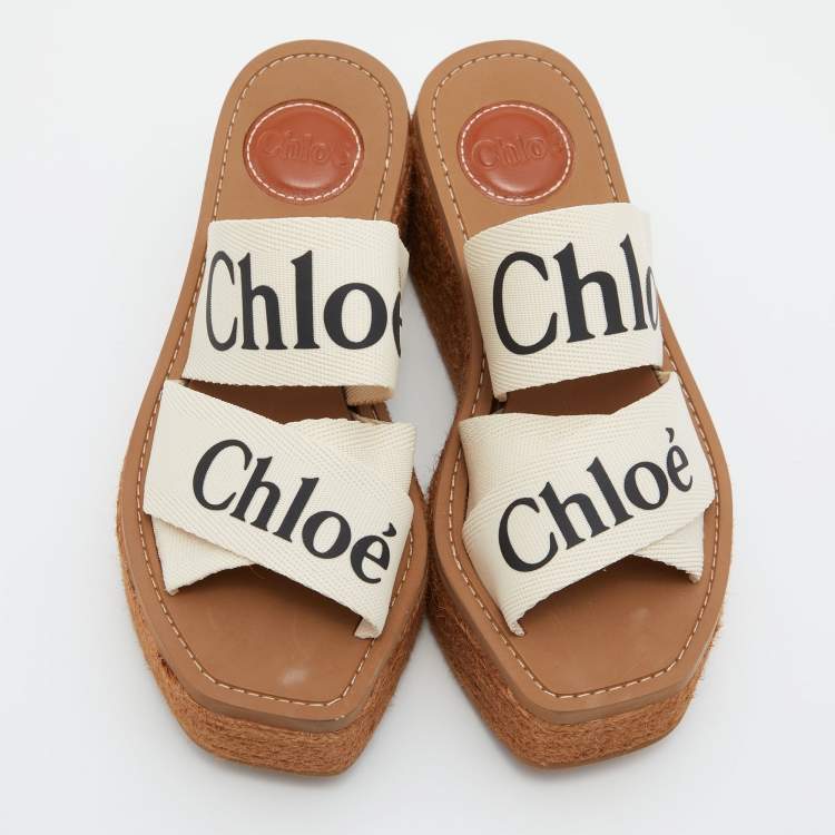 Pre Owned Chloe Beige Logo Print Canvas Woody Wedge Slide Sandals Size 35