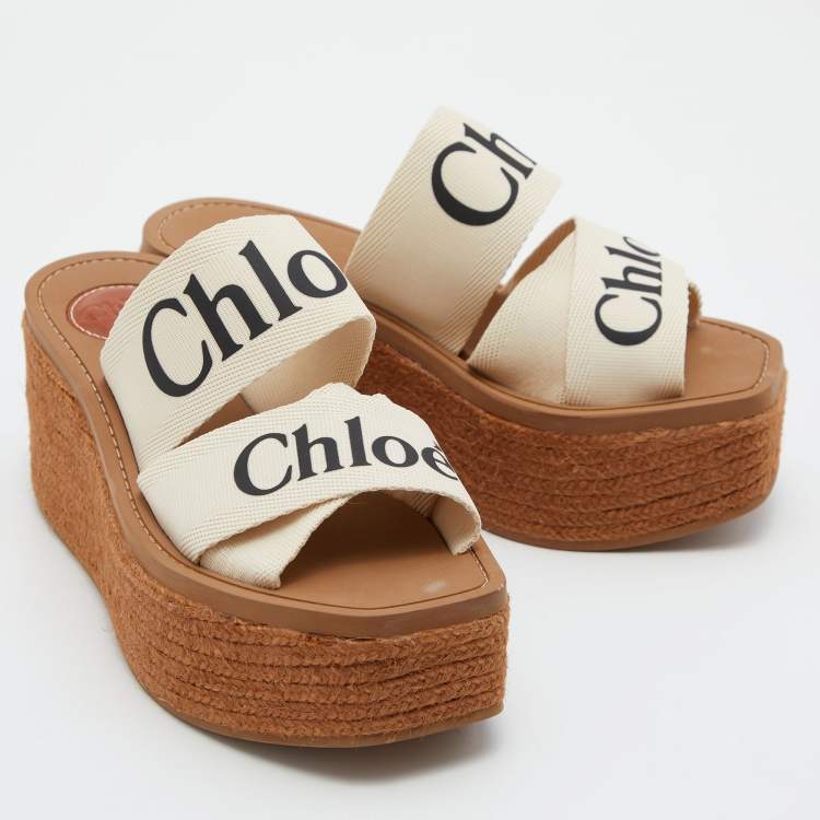 Pre Owned Chloe Beige Logo Print Canvas Woody Wedge Slide Sandals Size 35