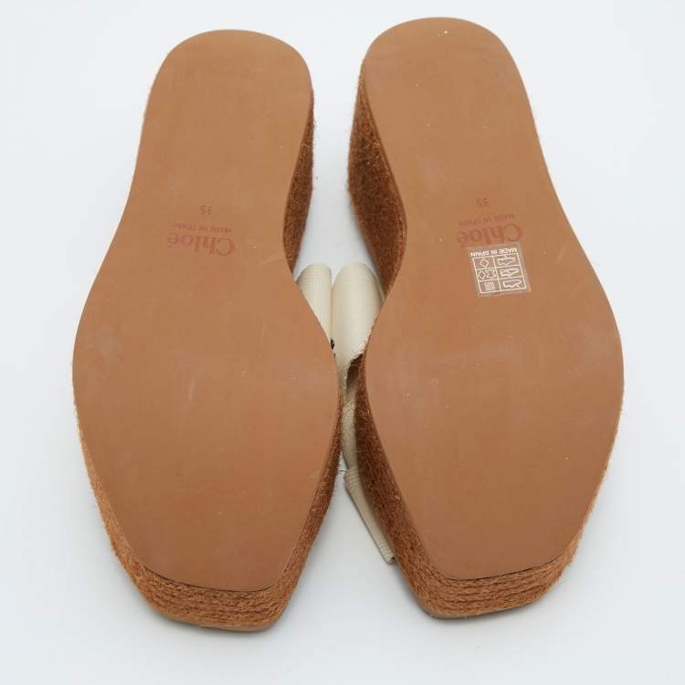 Pre Owned Chloe Beige Logo Print Canvas Woody Wedge Slide Sandals Size 35