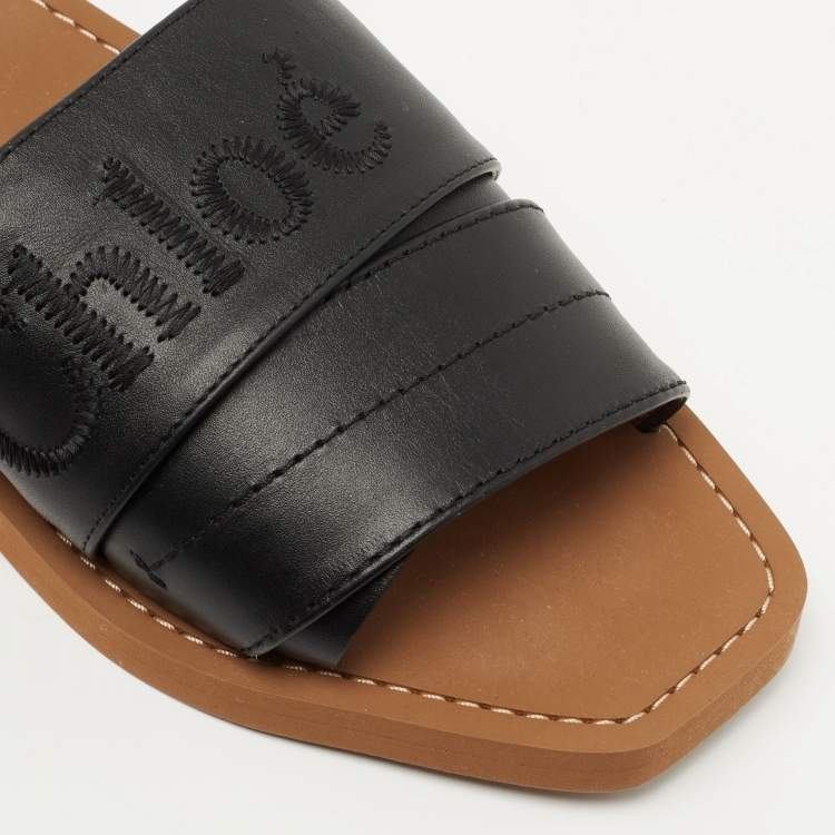 Pre Owned Chloe Black Leather Logo Embroidered Woody Flat Slides Size 38