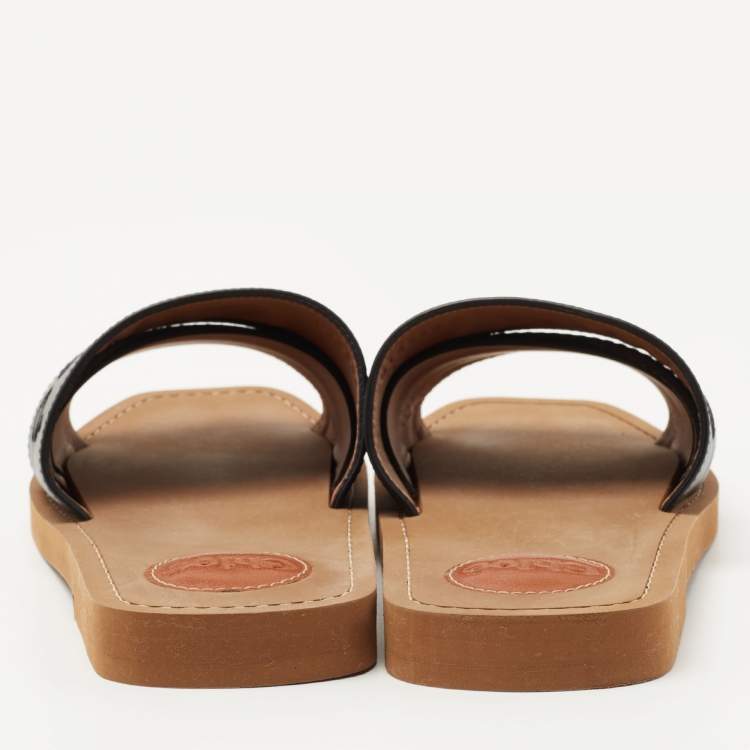Pre Owned Chloe Black Leather Logo Embroidered Woody Flat Slides Size 38