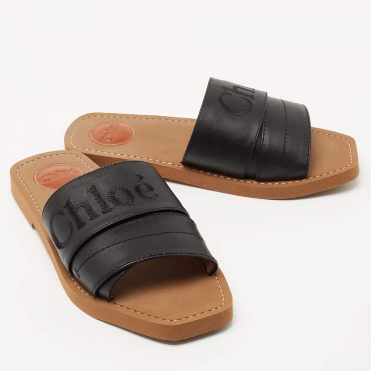 Pre Owned Chloe Black Leather Logo Embroidered Woody Flat Slides Size 38