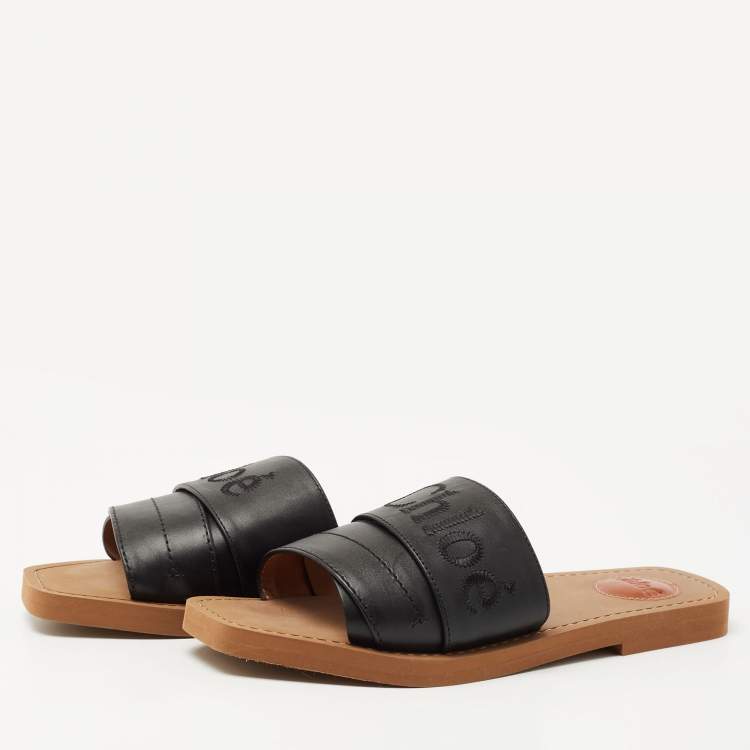 Pre Owned Chloe Black Leather Logo Embroidered Woody Flat Slides Size 38
