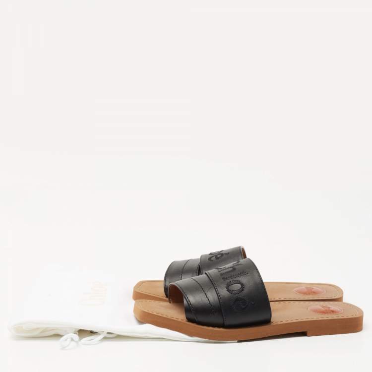 Pre Owned Chloe Black Leather Logo Embroidered Woody Flat Slides Size 38