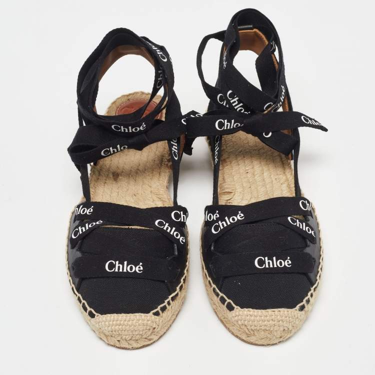 مملوكة مسبقًا Chloe Black Canvas Ingrid Ankle Wrap Espadrille Flats Size 38