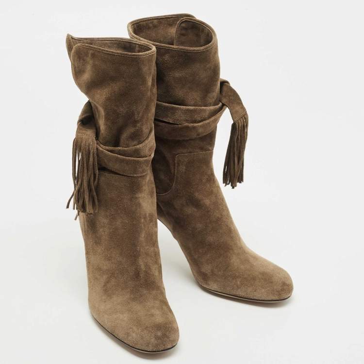 Pre Owned Chloe Brown Suede Tassel Tie Ankle Booties Size 38