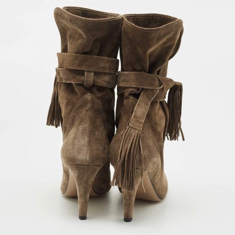 Pre Owned Chloe Brown Suede Tassel Tie Ankle Booties Size 38