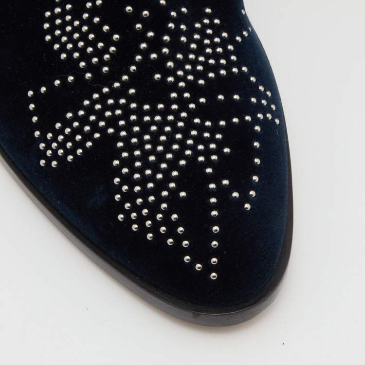 مملوكة مسبقًا Chloe Navy Blue Studded Velvet Susanna Boots Size 38.5