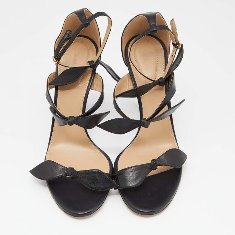 Pre Owned Chloé Black Leather Triple Bow Mike Ankle Strap Sandals Size 38.5
