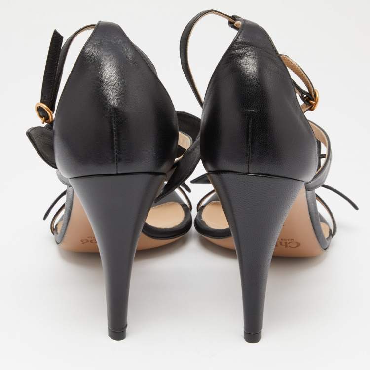 Pre Owned Chloé Black Leather Triple Bow Mike Ankle Strap Sandals Size 38.5
